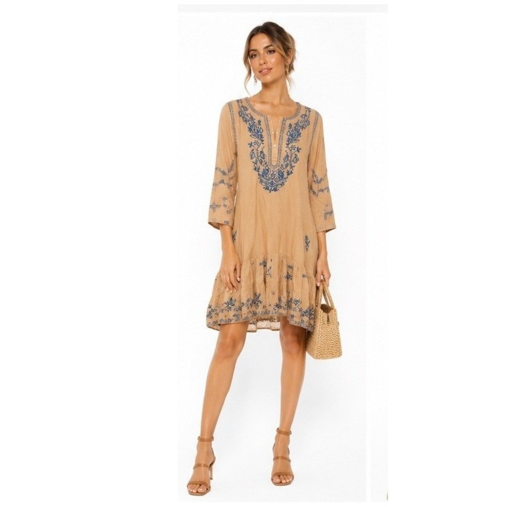 Boho Festival Dress Embroidered Hippie Earthy Cottagecore Cotton Casual Sz M